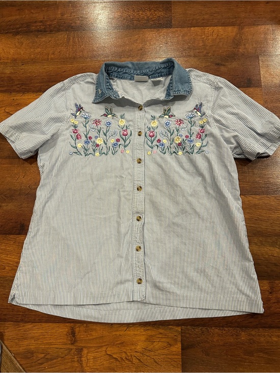 Tops - Vintage Bobbie Brooks Striped Button-Up Shirt with Floral Hummingbird Embroidery